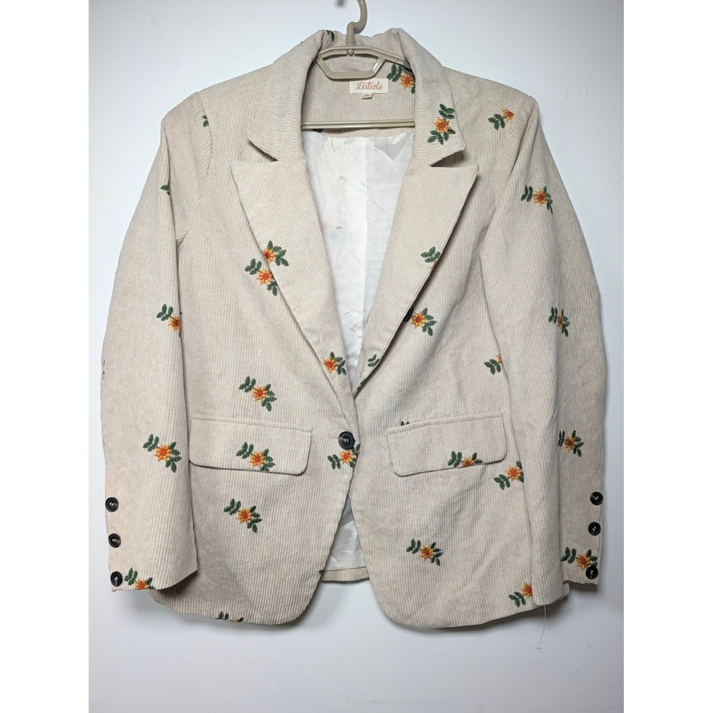 Listicle Womens Blazer M Polyester Cream Floral Embroidered Corduroy LJ0201